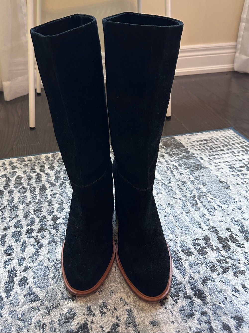 Vince Camuto Black Suede Mid-Calf Block Heel Boots with Brown Sole Trim